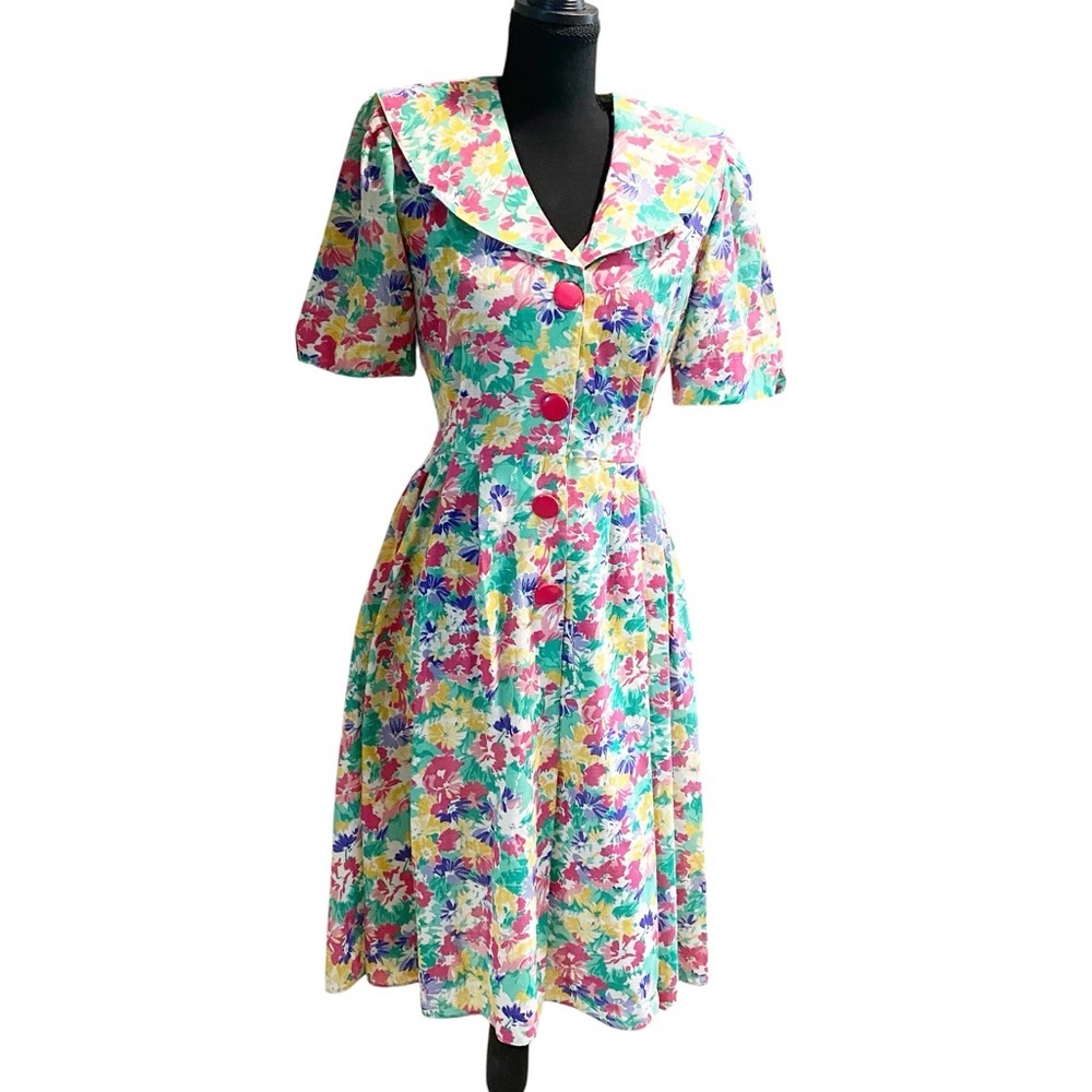 Vintage 80s Floral Button-Front Dress With Sailor Collar Size Small - Picture 2 of 10